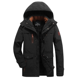 Men's black hooded parka jacket with warm brown fleece lining and multi-pocket design