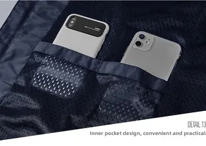 Detail of outdoor jacket showing breathable mesh inner pocket with dual phone storage