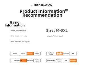 Size chart and specifications for the men's corduroy casual jacket with fabric details