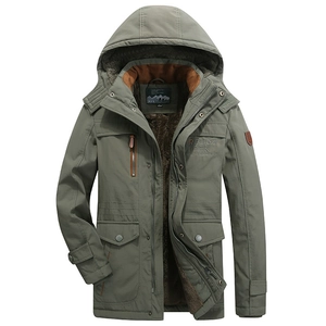 Men's olive winter jacket with thick fleece lining and multiple utility pockets