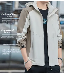 Detail of waterproof windbreaker featuring color-block design and adjustable velcro cuffs