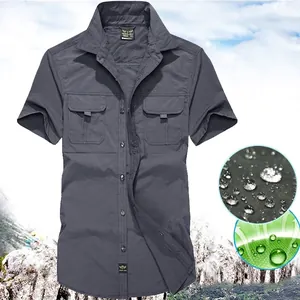 Men's dark grey quick dry outdoor short sleeve shirt with chest pockets for hiking