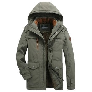 Army green men's hooded winter parka with thick fleece lining and multiple pockets