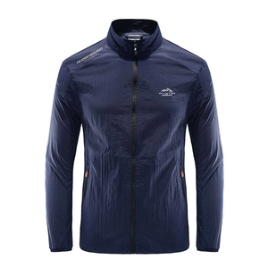 Men's ice silk sun protection jacket in navy blue with stand collar and zipper pockets
