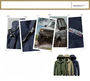 Detail view of hooded outdoor jacket featuring windproof fabric and adjustable velcro cuffs