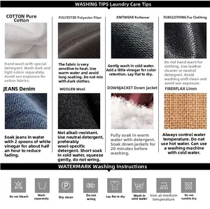 Detailed laundry care instructions and wash symbols for various garment fabrics