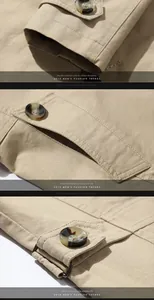 Detailed views of cotton jacket showing double-stitched cuffs and waist adjustment