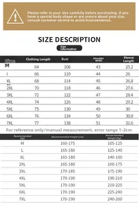 Tableau des tailles pour gilet d'extérieur à poches multiples de la taille M à 7XL