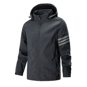 Men Lightweight Outdoor Windbreaker Polyester Hooded Jacket Water Resistant Windproof Sporty Zip Up Striped Hiking Coat