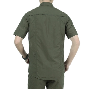 Back view of men's olive green outdoor quick-dry short sleeve shirt and trousers set