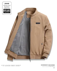 Detailed view of khaki corduroy jacket with stand collar and Best Fashion leather patch
