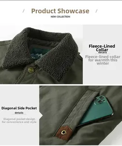 Detail der armee-grünen Jacke mit gemütlichem Fleecekragen und Retro-Metallknöpfen