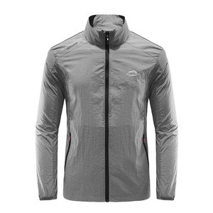Lightweight grey ice silk sun protection jacket with standing collar and outdoor print