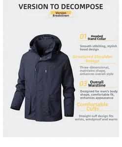 Detail view of deep blue outdoor jacket with windproof collar and utility pockets