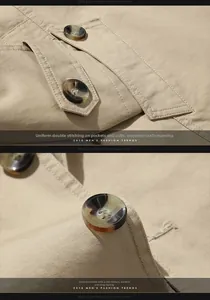 Detail of khaki cotton jacket showing flap pocket with double stitching and marble buttons