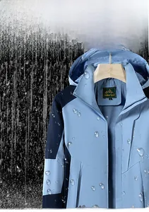 Detail of waterproof color-block hooded jacket with mesh lining and adjustable drawstrings