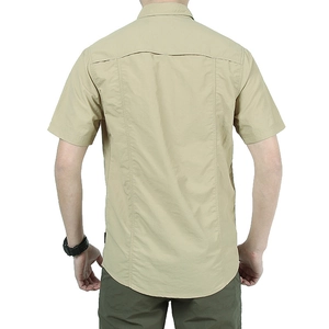 Men's khaki short sleeve outdoor quick-dry shirt with breathable back ventilation panel