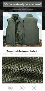 Detail of army green fishing vest featuring breathable large-hole mesh lining and zipper