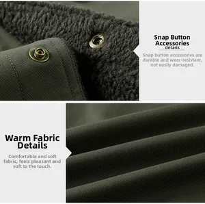 Detail der olivgrünen Jacke mit Metalldruckknöpfen und thermischem Lammfellfutter
