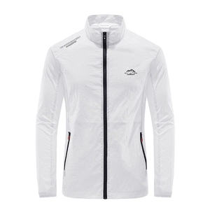 Men's lightweight white ice silk sun protection jacket with stand collar and zipper