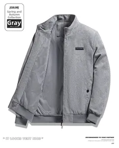 Detail of grey corduroy jacket featuring stand collar and striped inner lining texture