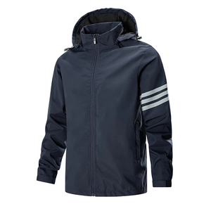 Men's navy hooded windbreaker jacket with three-stripe sleeve detail and waterproof fabric