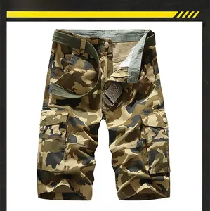 Detail view of cotton cargo shorts in forest camouflage with side pockets and canvas belt