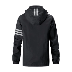 Men's black windbreaker jacket with three grey stripes on the hood and sleeve, back view