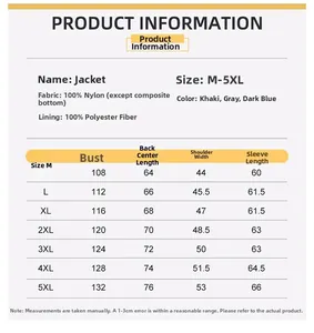 Detailed size chart for men's cargo jacket featuring M to 5XL measurements and fabric info