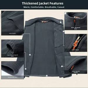 Detail view of men's thermal fleece jacket featuring windproof collar and metal zipper