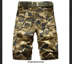 Detailed back view of khaki camo cargo shorts with flap pockets and woven belt