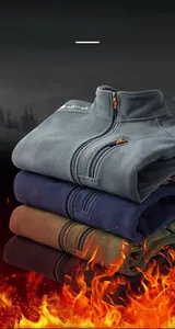 Detail of fleece lining and fabric texture on men's stand-collar winter thermal jackets