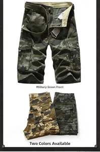 Detail of cargo shorts in camo patterns with functional side pockets and canvas belt