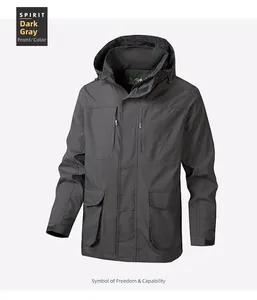 Close-up detail of dark grey jacket with hooded neckline and outdoor brand logo