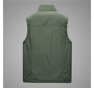 Rear view of army green quick-dry outdoor vest with stand collar and decorative stitching