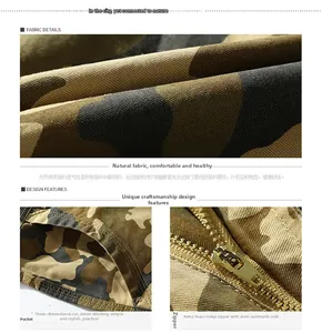 Detailed macro view of camo cargo shorts with vintage brass zipper and cotton twill texture