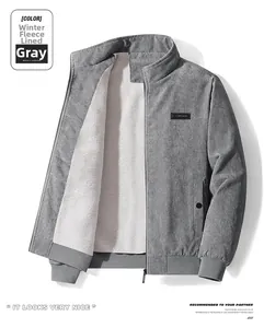 Close-up of gray corduroy jacket showing warm faux fur lining and texture details