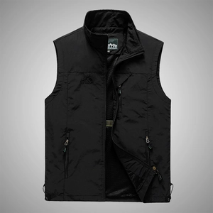 Men's black outdoor vest with multi-pockets, stand collar, and breathable mesh lining