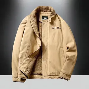 Men's khaki N1 deck jacket with warm sherpa lining and vintage A.R.M.Y tactical print