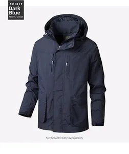 Detail of dark blue outdoor jacket with embroidered logo and functional pockets