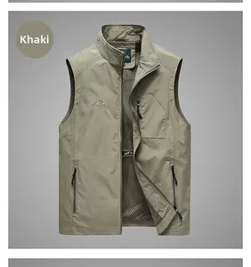 Detail of khaki outdoor fishing vest with stand collar and breathable mesh lining