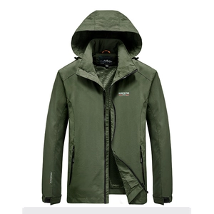 Men's dark green hooded waterproof windbreaker jacket for outdoor sports and leisure
