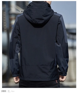 Detail of waterproof outdoor jacket featuring a hooded back view and color-block design