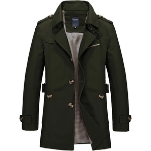 Men's dark green cotton trench coat with plaid lining and stylish shoulder straps