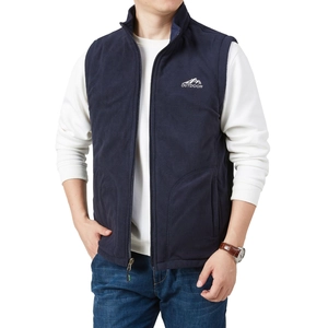 Men's reversible navy fleece vest with standing collar and outdoor mountain logo print