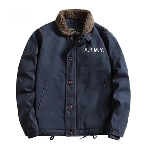 Men's navy blue N1 deck jacket with fleece collar and white ARMY lettering on chest