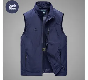 Detail view of navy blue outdoor fishing vest with breathable mesh lining and zipper pocket