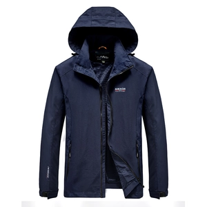 Men's dark blue waterproof outdoor jacket with hood, mesh lining and zipper pockets