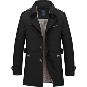 Classic black men's cotton trench coat with gingham lining and stylish shoulder epaulets