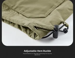 Detail van verstelbare zoom met elastisch koord en stopper op legergroene outdoorvest